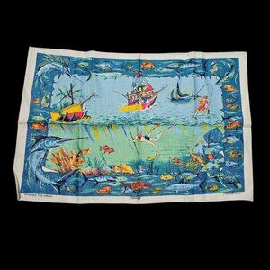 Vintage Dunmoy Pure Irish Linen Tea Towel Grand Cayman Ocean Boats Fish Colorful
